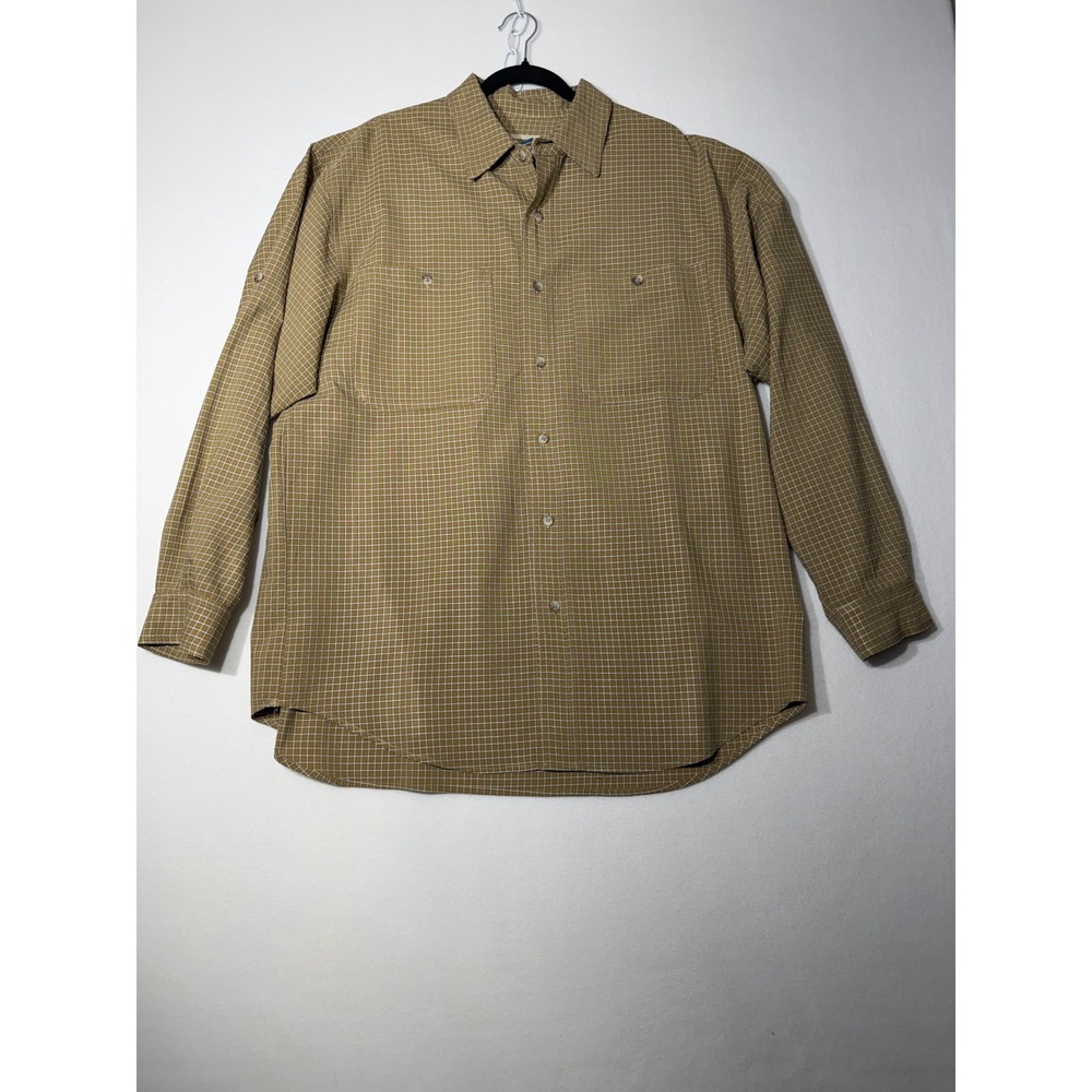 TravelSmith Mens XL Tan Plaid Button Down Shirt Long Sleeve Travel Utility USA